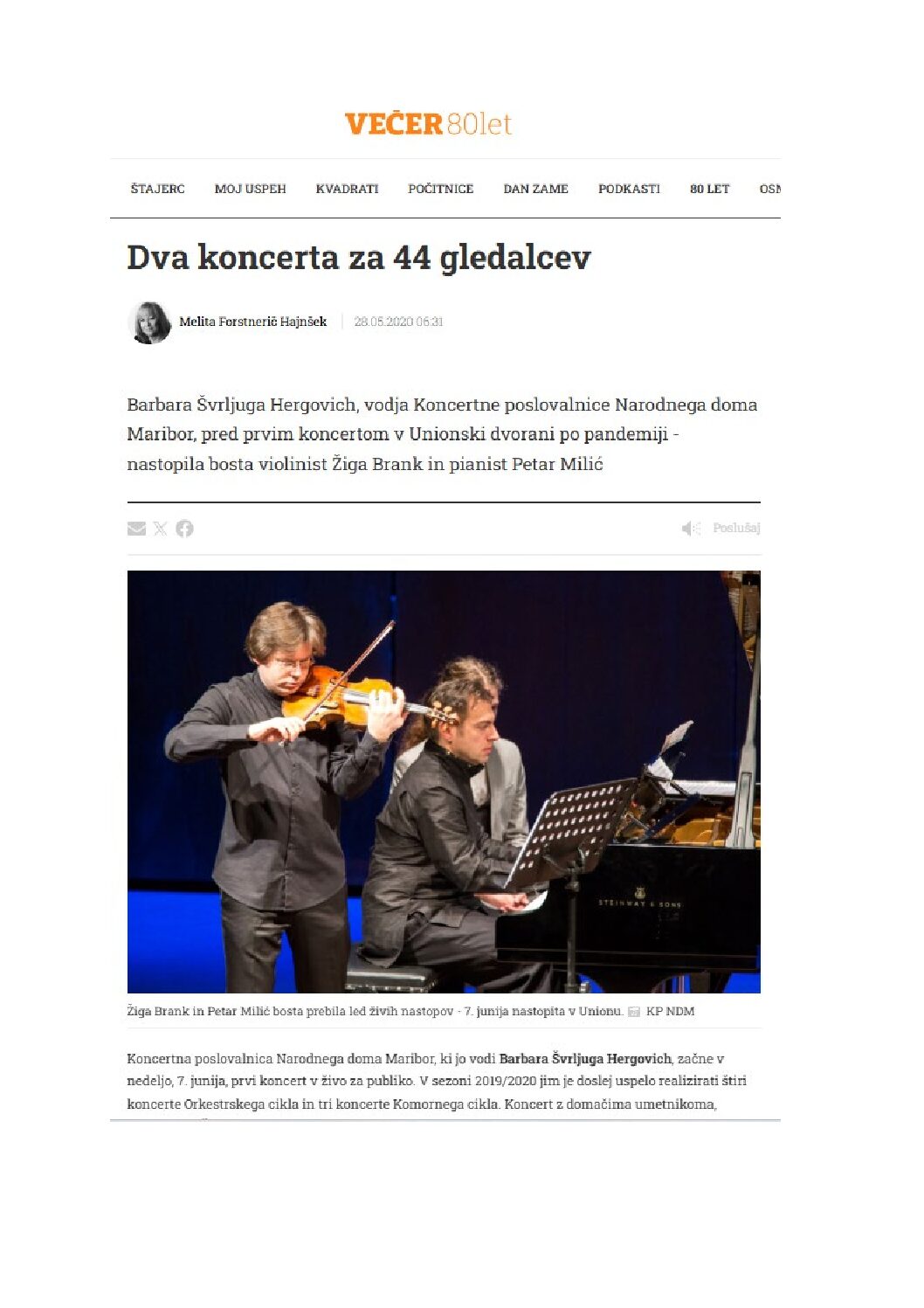 Dva koncerta za 44 gledalcev Večer  28. 5. 2020 Dva koncerta za 44 gledalcev_Večer_ 28. 5. 2020