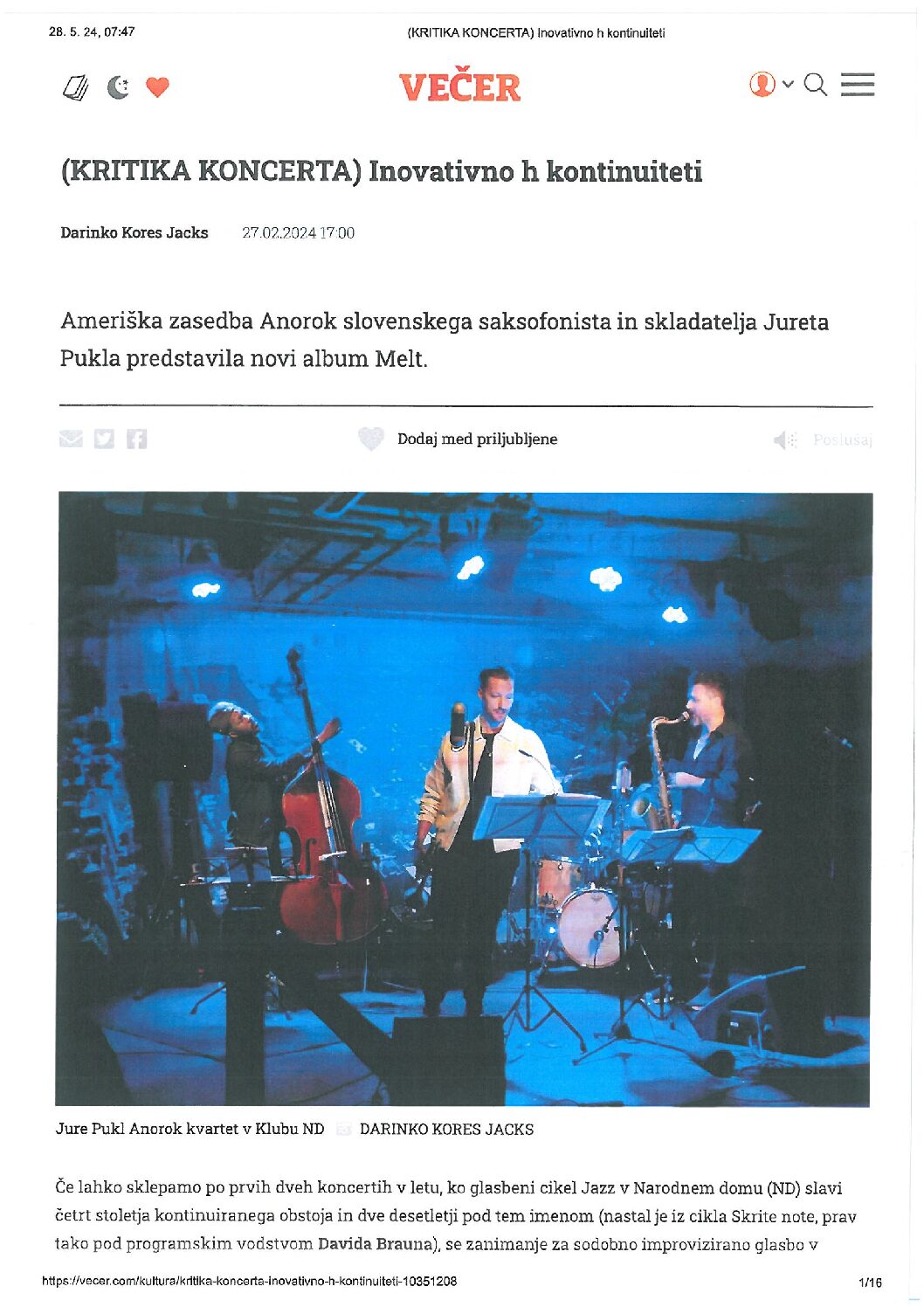 kritika   Jure Pukl Anorok Quartet   Večer, 27. februar 2024 kritika - Jure Pukl Anorok Quartet - Večer, 27. februar 2024